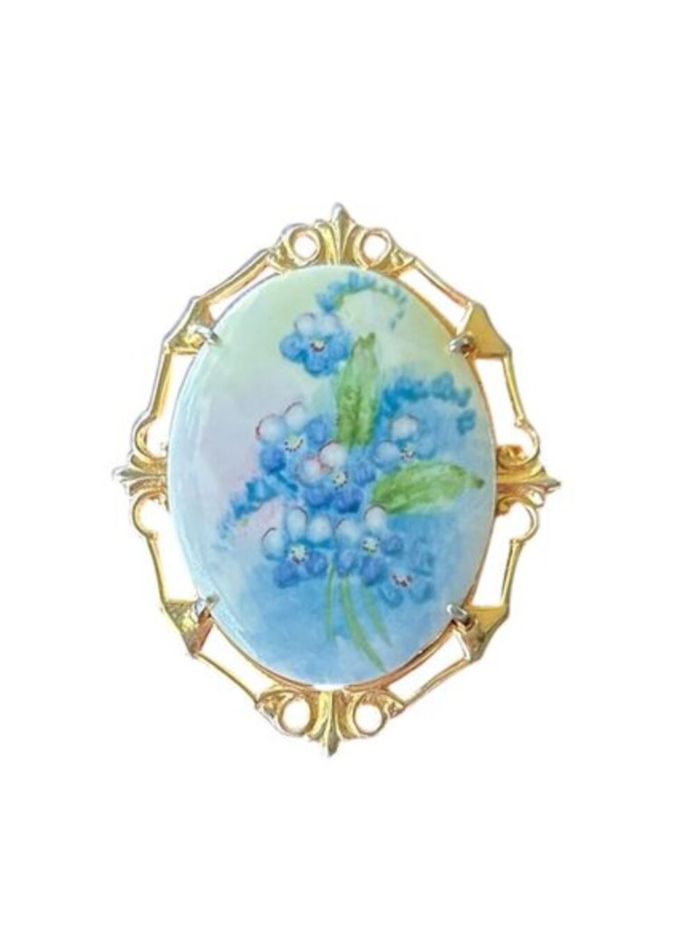Vintage Hand Painted Porcelain Floral Brooch Gold Tone Frame Blue Flowers